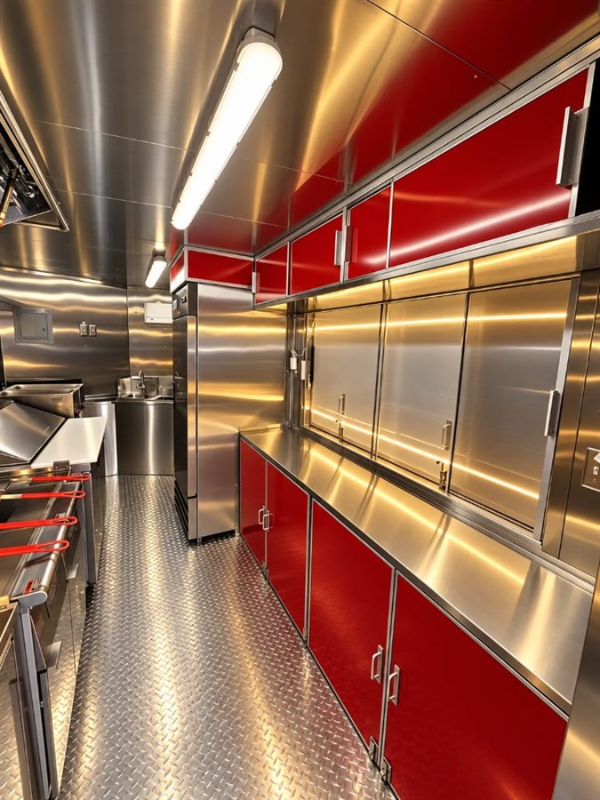 Mobile kitchen interior with red cabinetry, stainless countertops and warm accent lighting