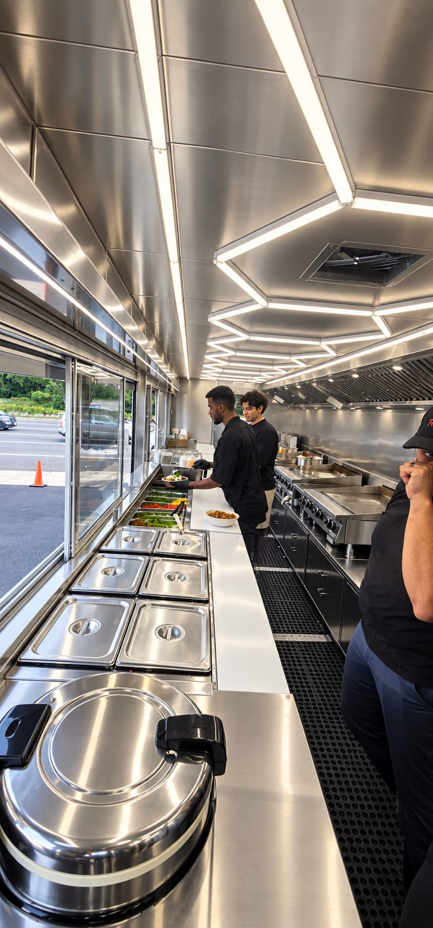 Cook line with range, griddle and fryer under a stainless steel hood