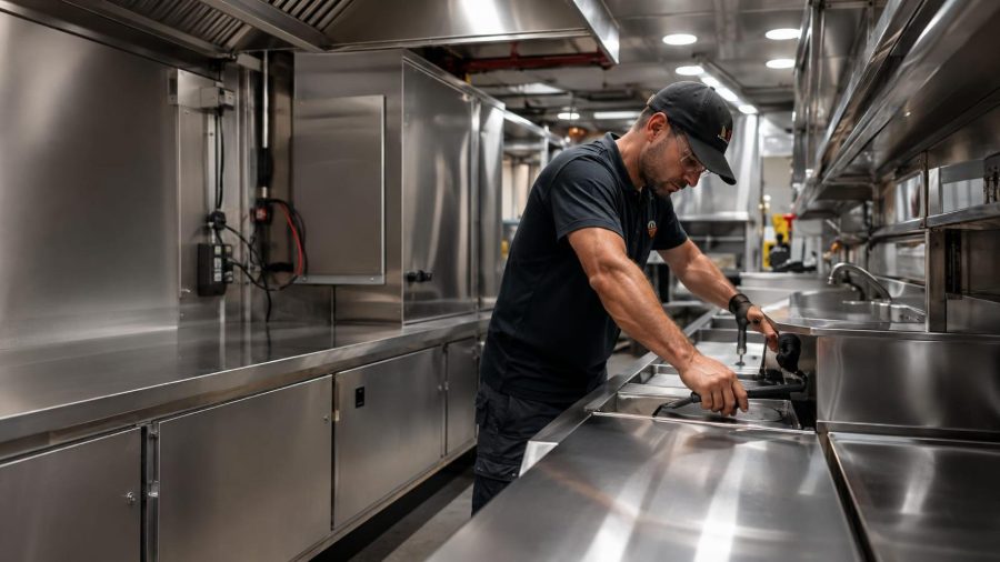 Technician servicing stainless steel equipment inside a commercial mobile kitchen